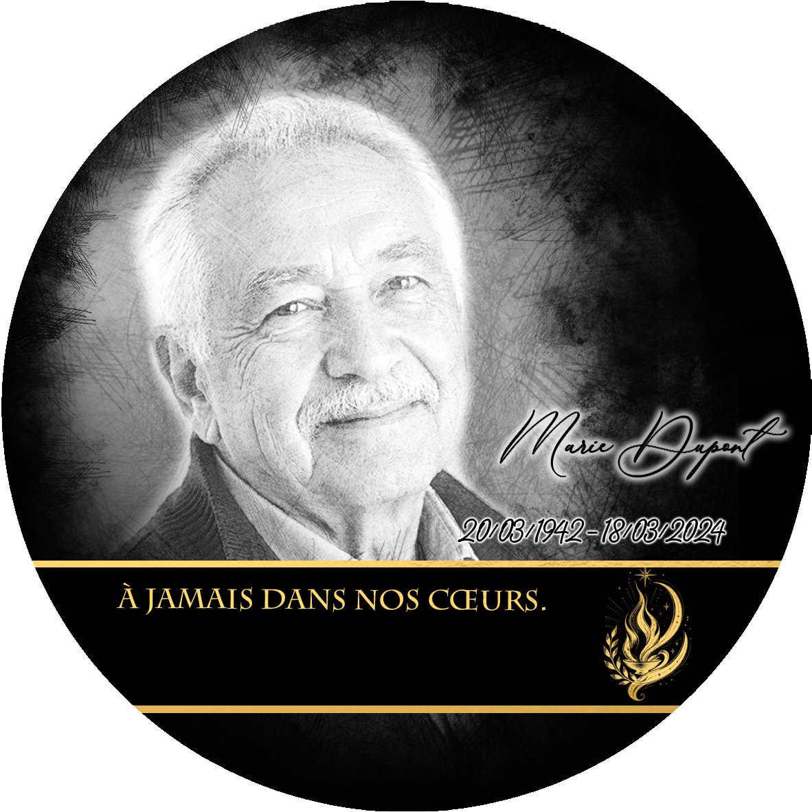 Plaque Circulaire Flamme éternelle effet Crayon, ambiance complète portrait + fond
