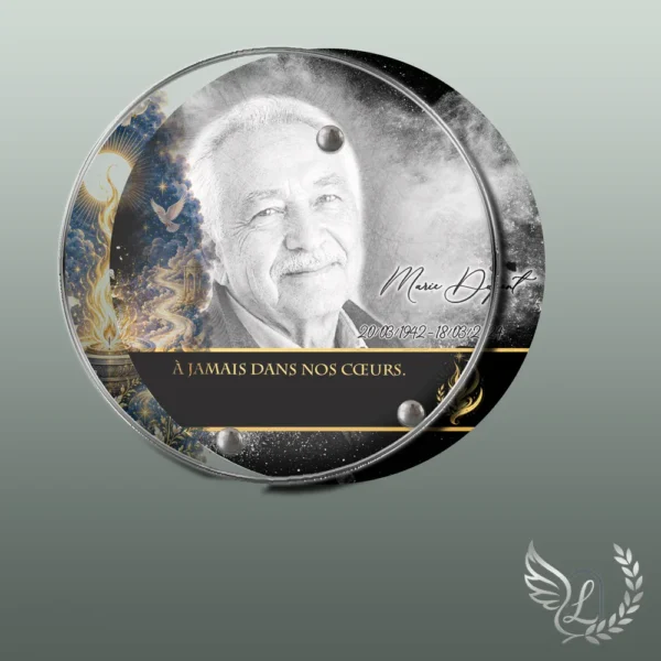 Plaque funéraire médaillon rond flamme éternelle collée sur pierre tombale, double-face professionnel inclus, 1er sous-décor du thème