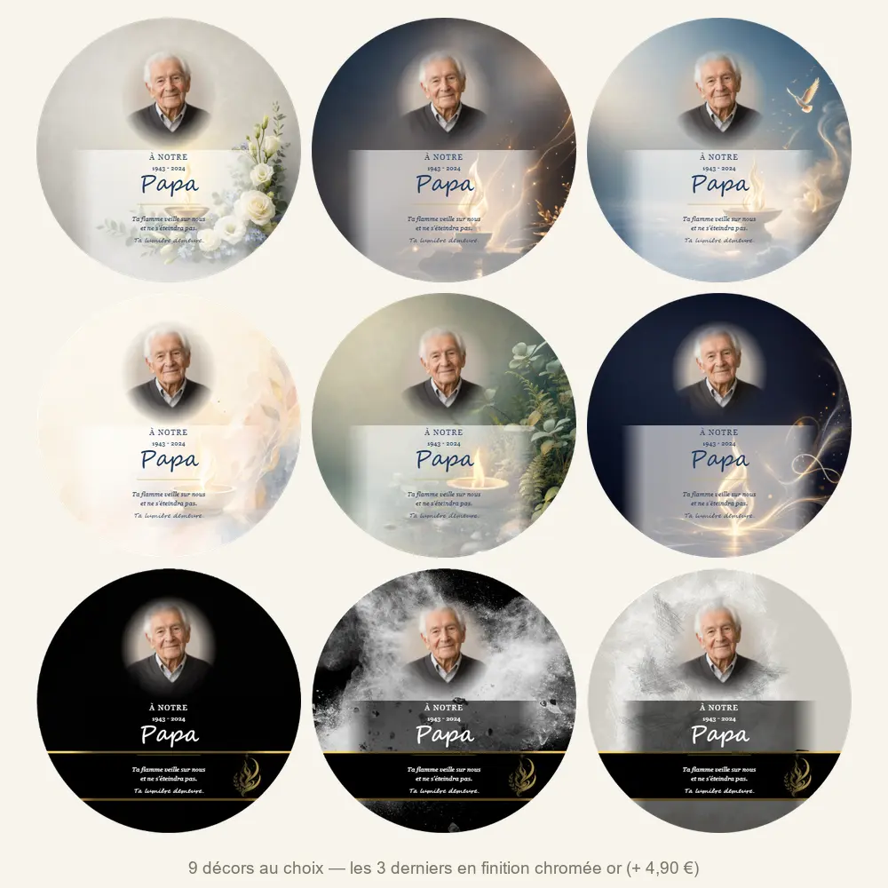 Plaque funéraire circulaire Flamme éternelle — neuf décors de fond au choix