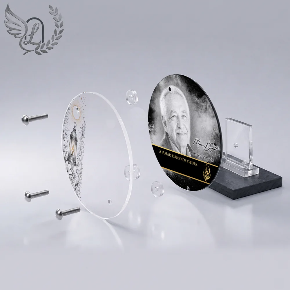 Vue éclatée plaque funéraire Circulaire Flamme éternelle : construction sandwich plexi imprimé miroir, 3 entretoises, dibond et bloc ardoise