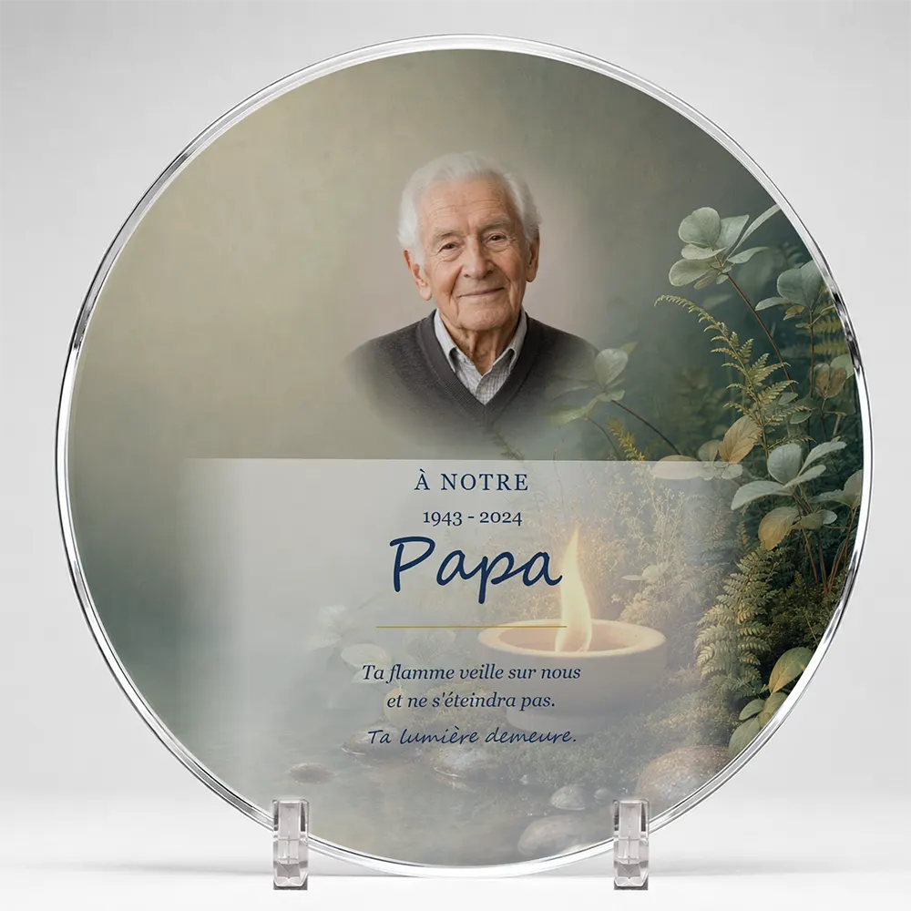 Plaque funéraire circulaire Flamme éternelle personnalisée — portrait, texte libre et fond au choix, présentée sur pied plexi