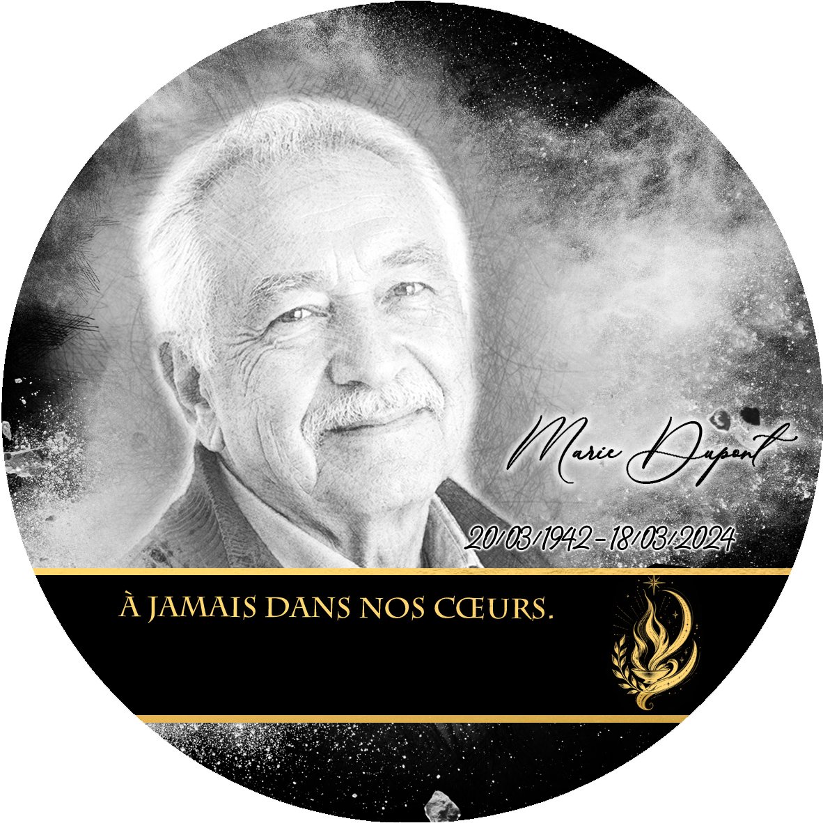 Plaque Circulaire Flamme éternelle effet Éclat, ambiance complète portrait + fond