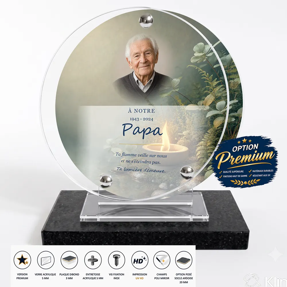 Plaque funéraire circulaire Flamme éternelle finition premium présentée sur socle en ardoise