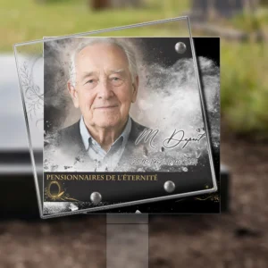 Plaque funéraire carré photo portrait plantée par appendice plexiglas, sol meuble ou pot, 1er sous-décor