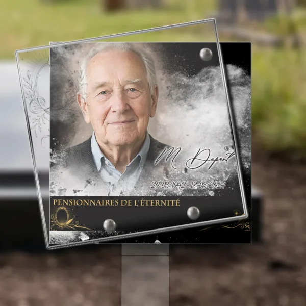 Plaque funéraire carré photo portrait plantée par appendice plexiglas, sol meuble ou pot, 1er sous-décor