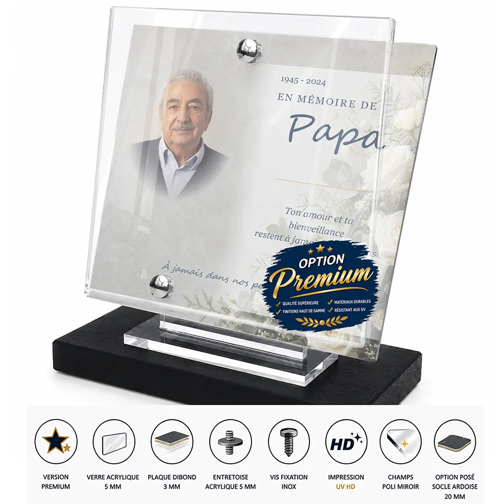 Plaque funéraire carré Photo portrait finition premium présentée sur socle en ardoise