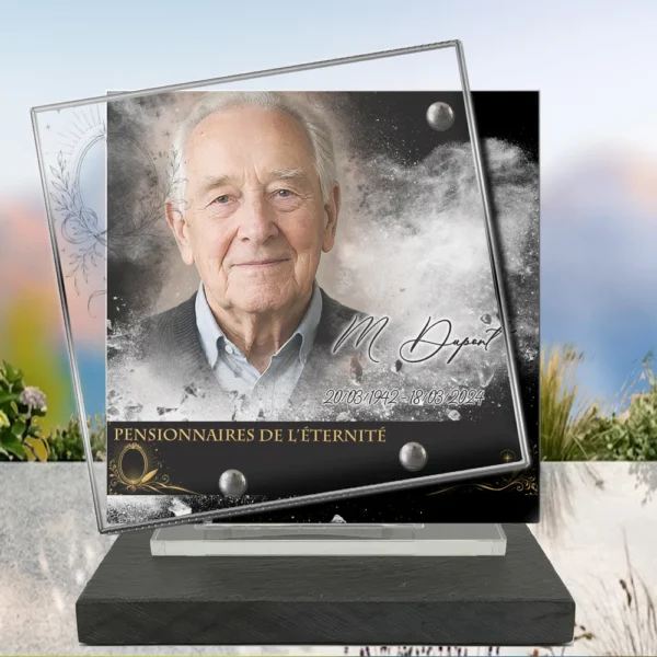 Plaque funéraire carré photo portrait posée sur socle ardoise du Brésil, fixation inox, 1er sous-décor