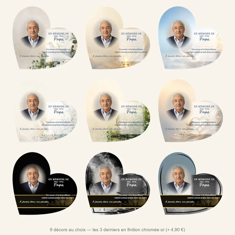 Plaque funéraire cœur Photo portrait — neuf décors de fond au choix