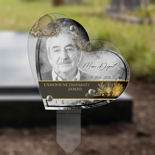 Plaque funéraire cœur photo portrait plantée par appendice plexiglas, sol meuble ou pot, 1er sous-décor