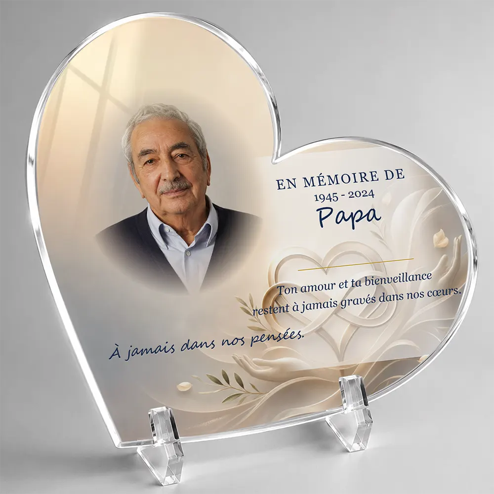 Plaque funéraire cœur Photo portrait personnalisée — portrait, texte libre et fond au choix, présentée sur pied plexi
