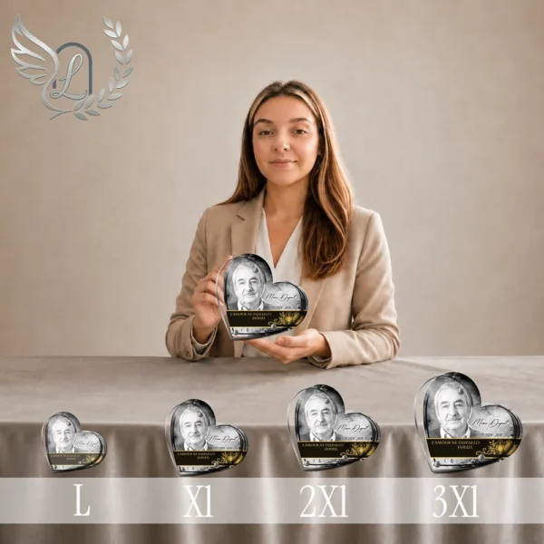 Plaque funéraire cœur avec photo portrait en finition or, présentée en quatre tailles graduées L XI 2XI 3XI, sur fond neutre avec logo aile