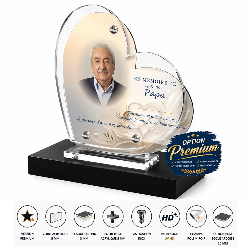 Plaque funéraire cœur Photo portrait finition premium présentée sur socle en ardoise