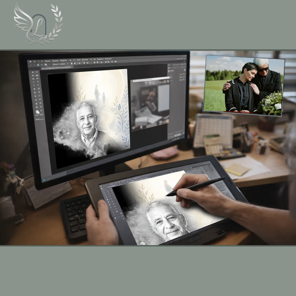 Création artistique plaque funéraire Photo portrait sur tablette graphique en studio