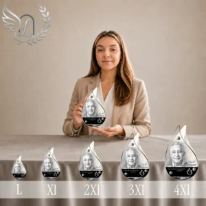 Gamme de plaques funéraires en forme de flamme finition argent, présentées en cinq tailles croissantes, avec portrait gravé en noir et blanc, exposition en étagère