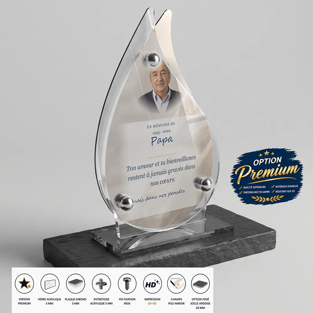 Plaque funéraire flamme Photo portrait finition premium présentée sur socle en ardoise