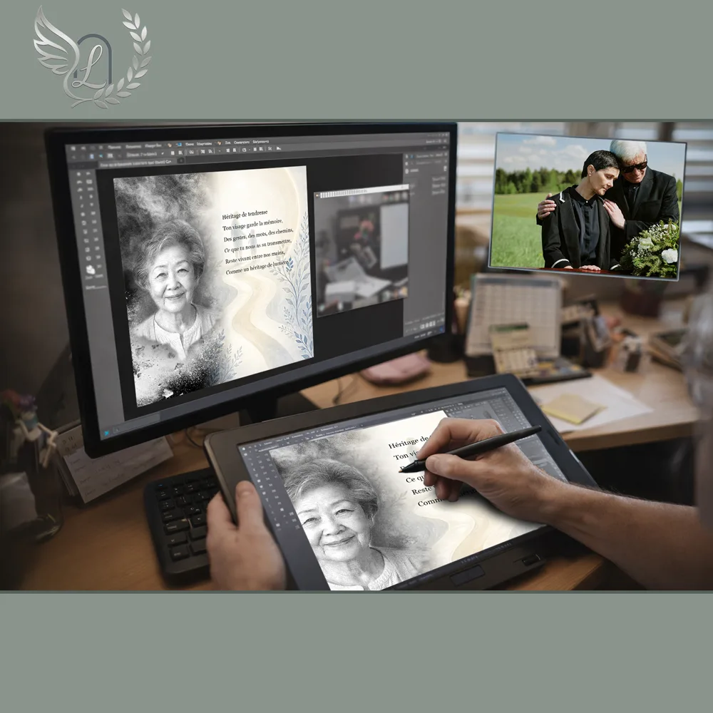 Création artistique plaque funéraire Photo portrait sur tablette graphique en studio