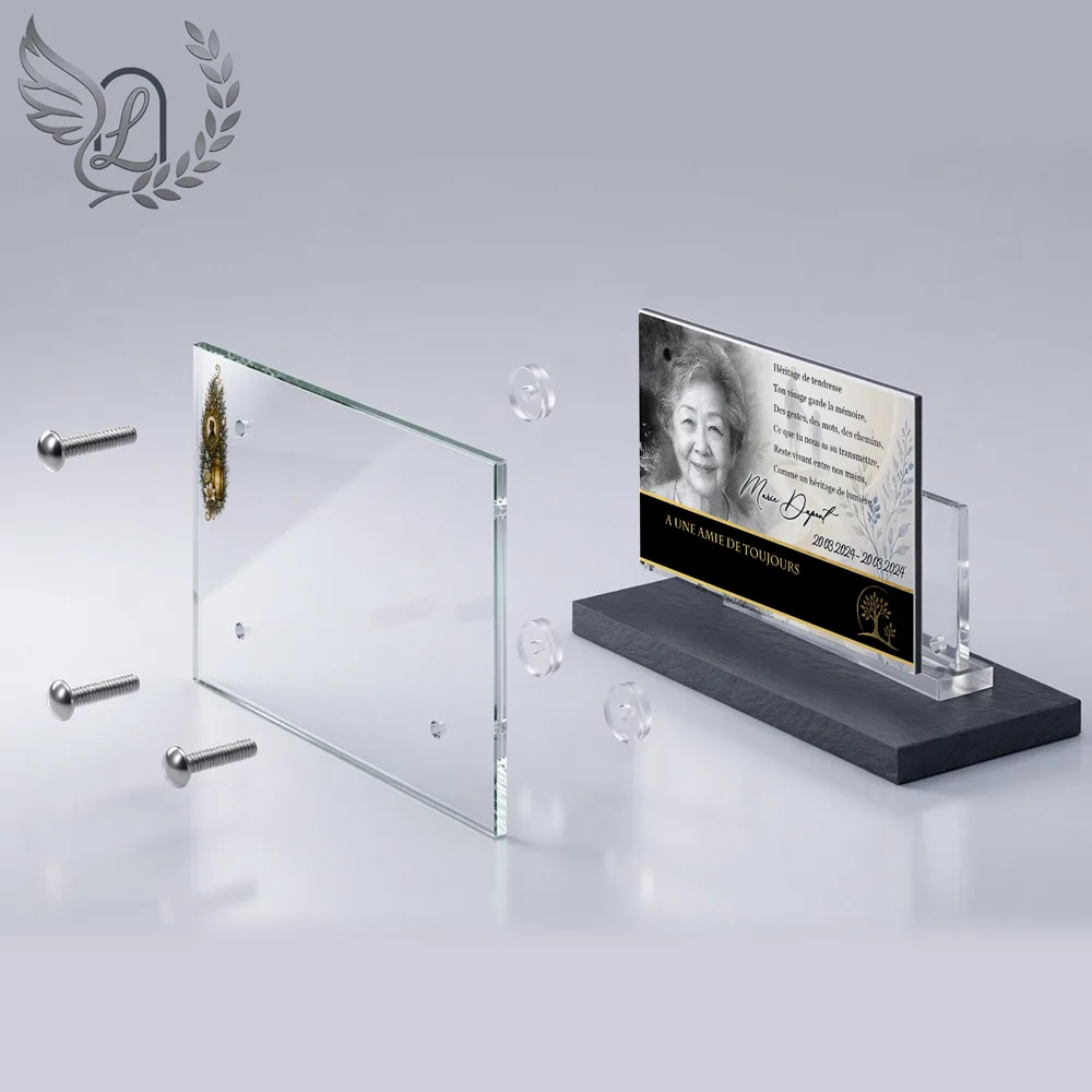 Vue éclatée plaque funéraire Panoramique Photo portrait : construction sandwich plexi imprimé miroir, 3 entretoises, dibond et bloc ardoise