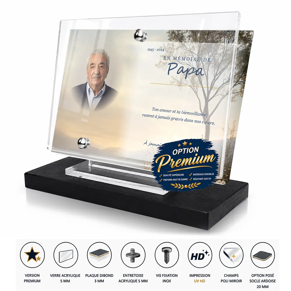 Plaque funéraire panoramique Photo portrait finition premium présentée sur socle en ardoise