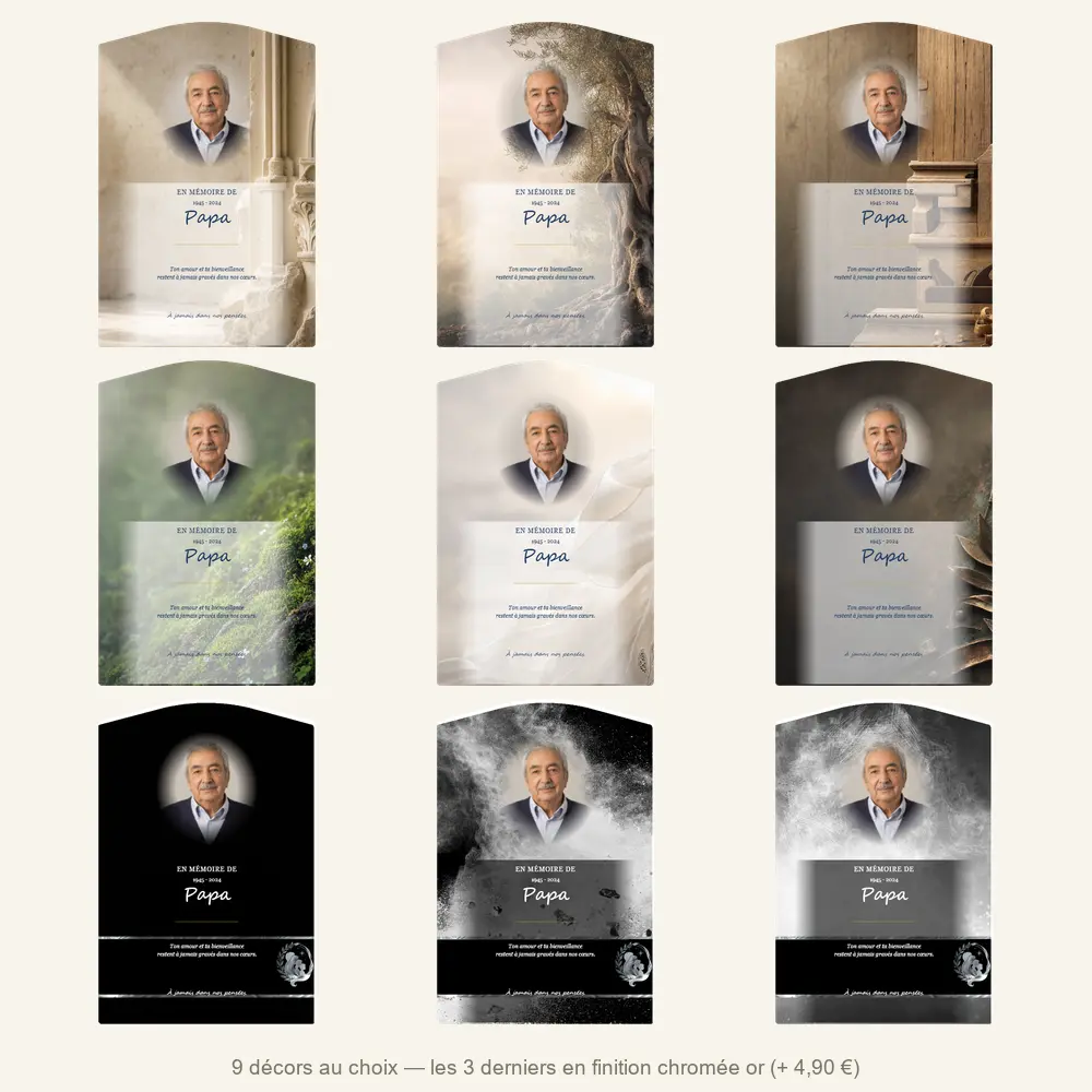 Plaque funéraire stèle Photo portrait — neuf décors de fond au choix