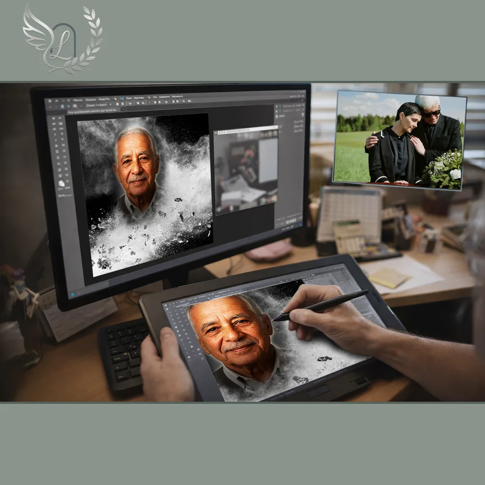 Création artistique plaque funéraire Photo portrait sur tablette graphique en studio