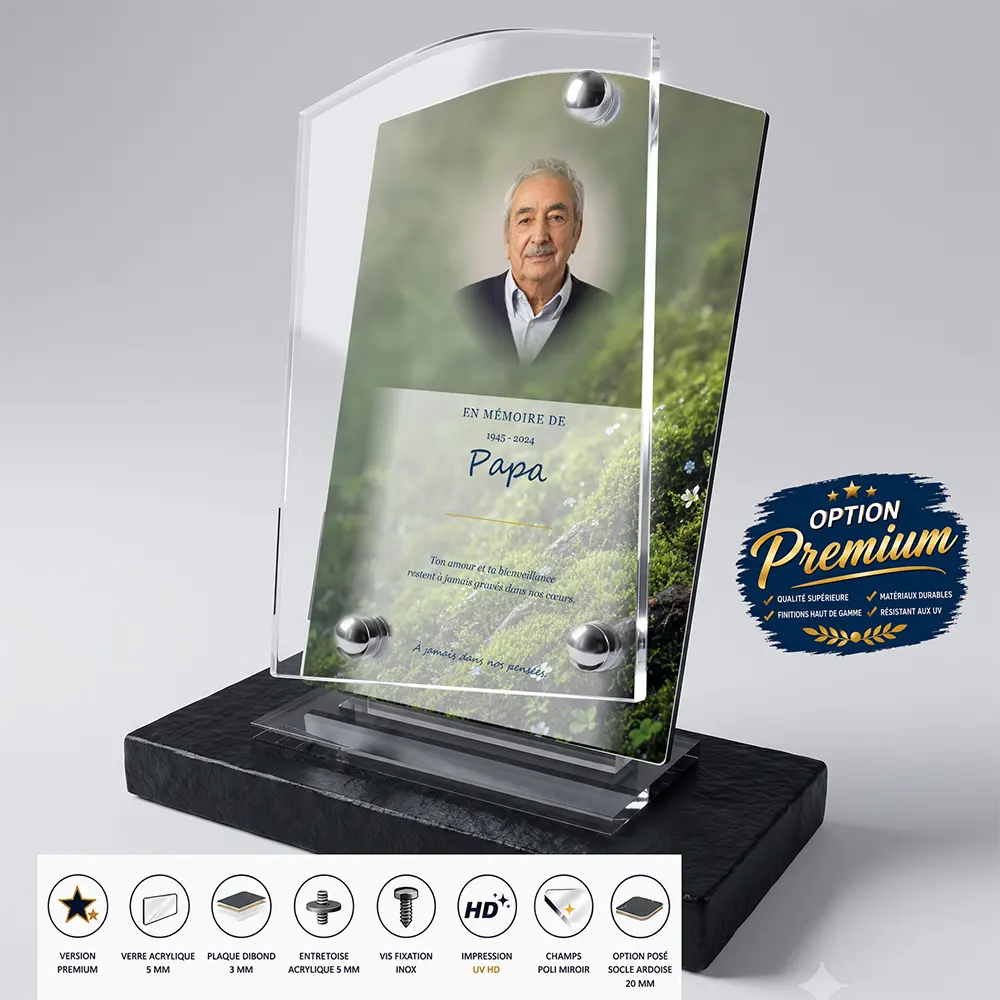 Plaque funéraire stèle Photo portrait finition premium présentée sur socle en ardoise