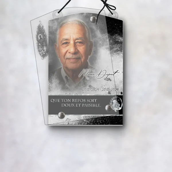 Plaque funéraire rectangle photo portrait suspendue par cordelette, kit de fixation inclus, 1er sous-décor