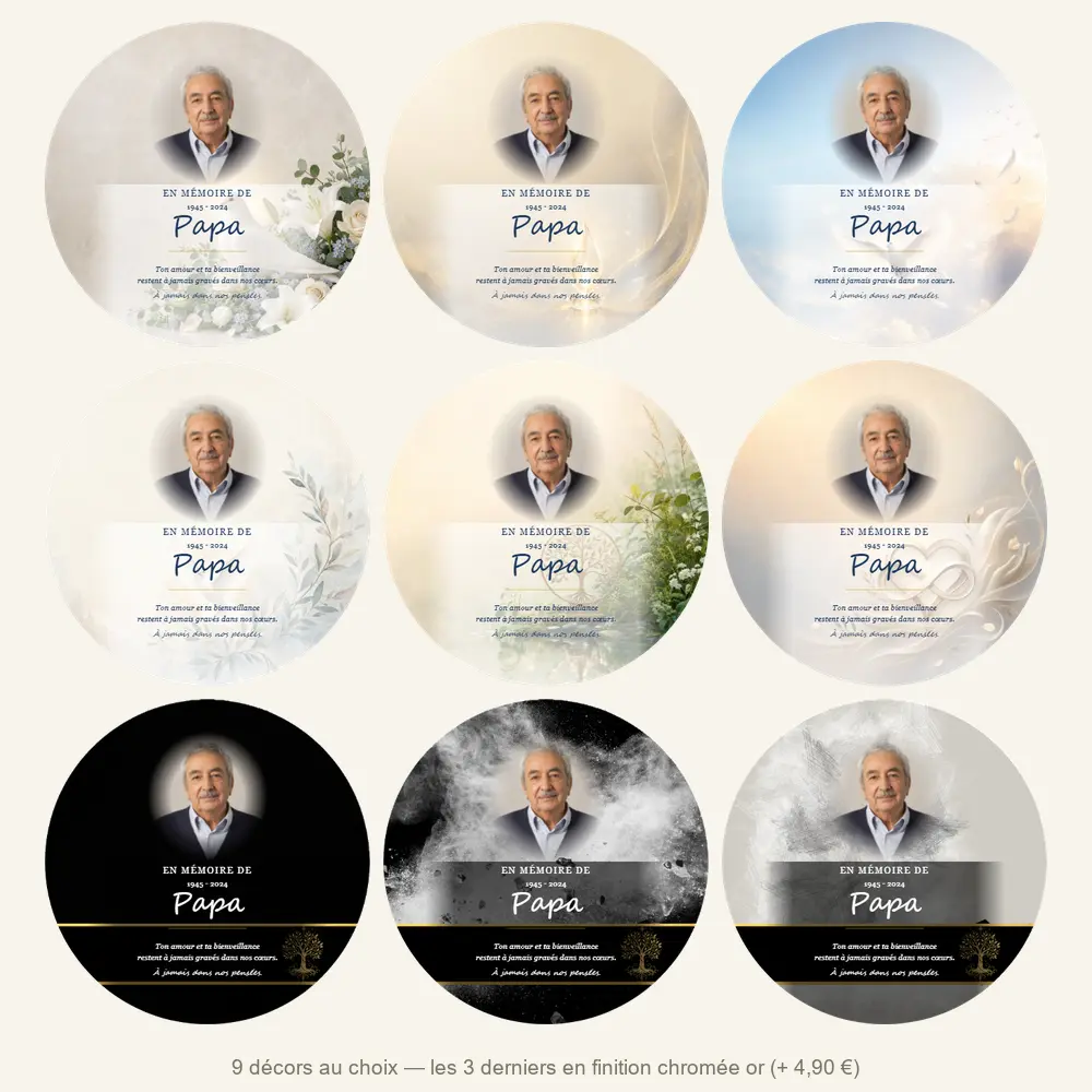 Plaque funéraire circulaire Photo portrait — neuf décors de fond au choix