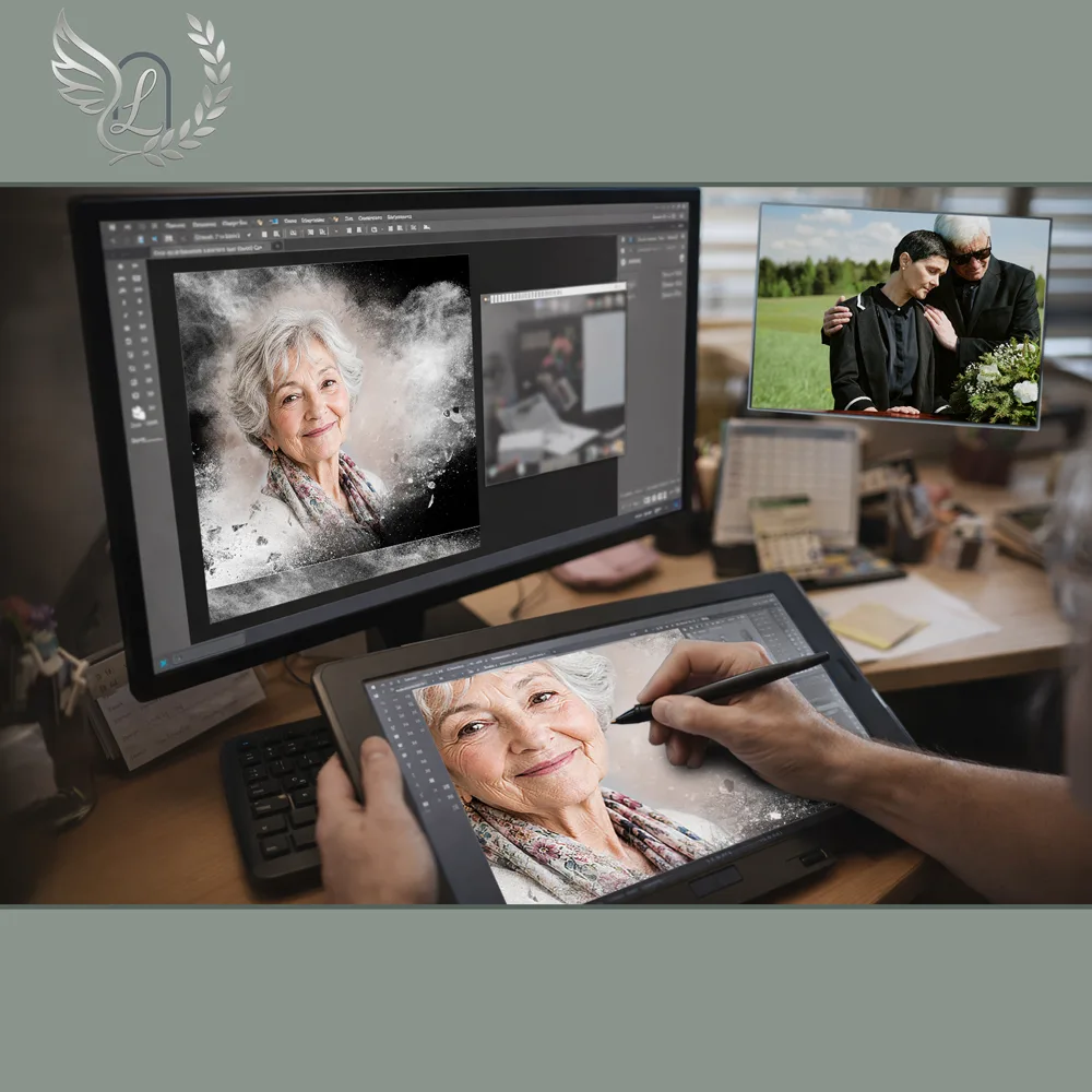 Création artistique plaque funéraire Photo portrait sur tablette graphique en studio