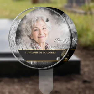 Plaque funéraire médaillon rond photo portrait plantée par appendice plexiglas, sol meuble ou pot, 1er sous-décor