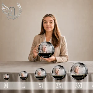 Gamme complète de plaques funéraires circulaires avec portrait photo et finition or, présentées du format mini au très grand format, composition professionnelle avec femme présentant le médaillon