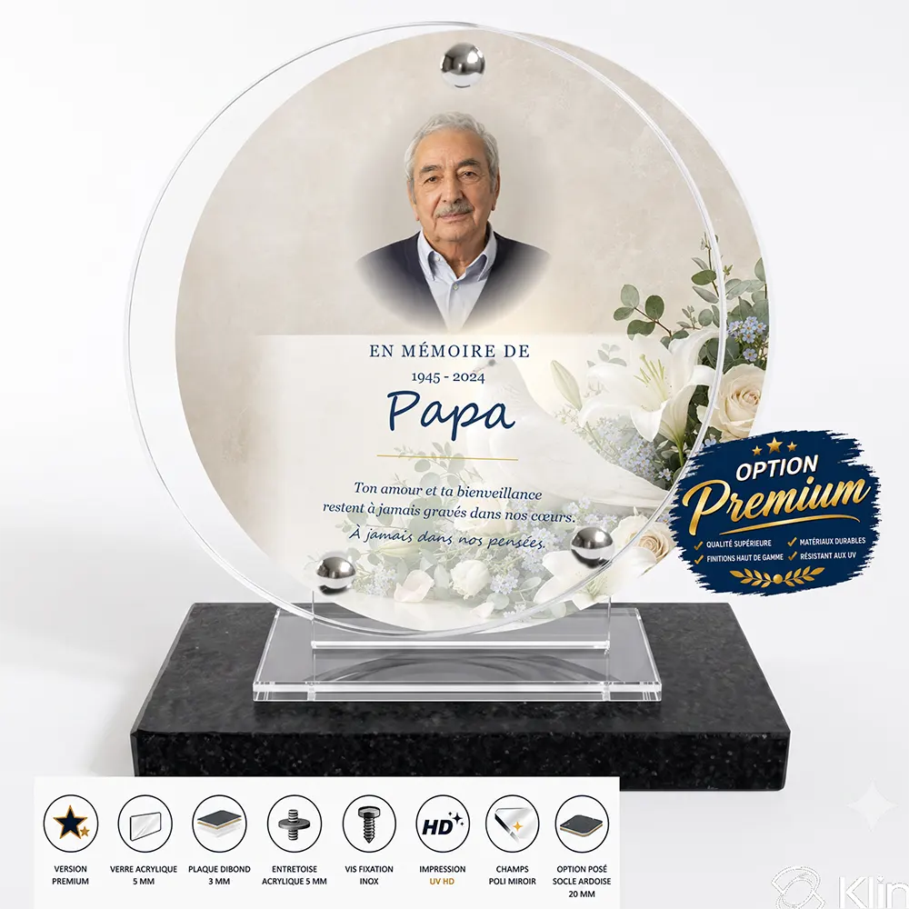 Plaque funéraire circulaire Photo portrait finition premium présentée sur socle en ardoise