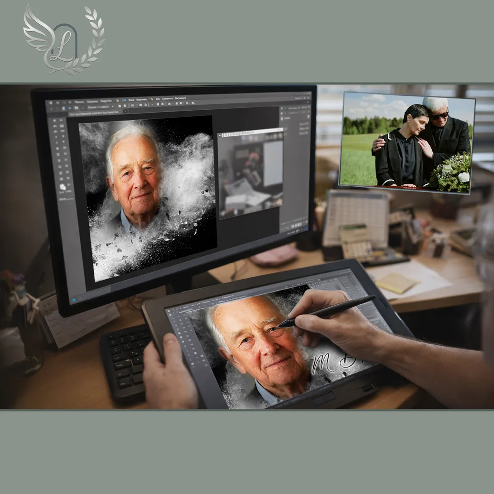 Création artistique plaque funéraire Enfant sur tablette graphique en studio