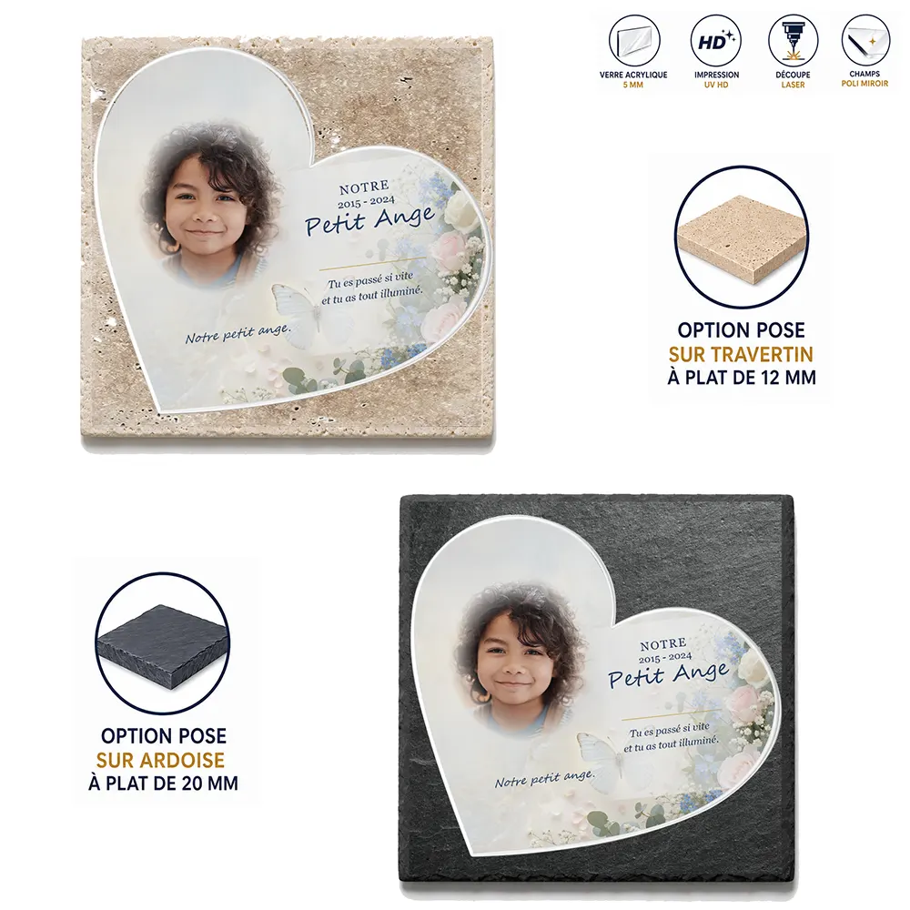 Plaque funéraire cœur Enfant — supports au choix, socle ardoise ou travertin