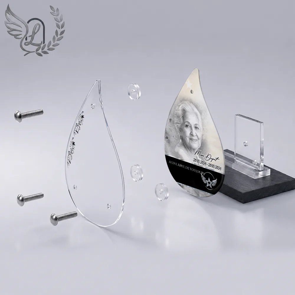 Vue éclatée plaque funéraire Flamme Enfant : construction sandwich plexi imprimé miroir, 3 entretoises, dibond et bloc ardoise