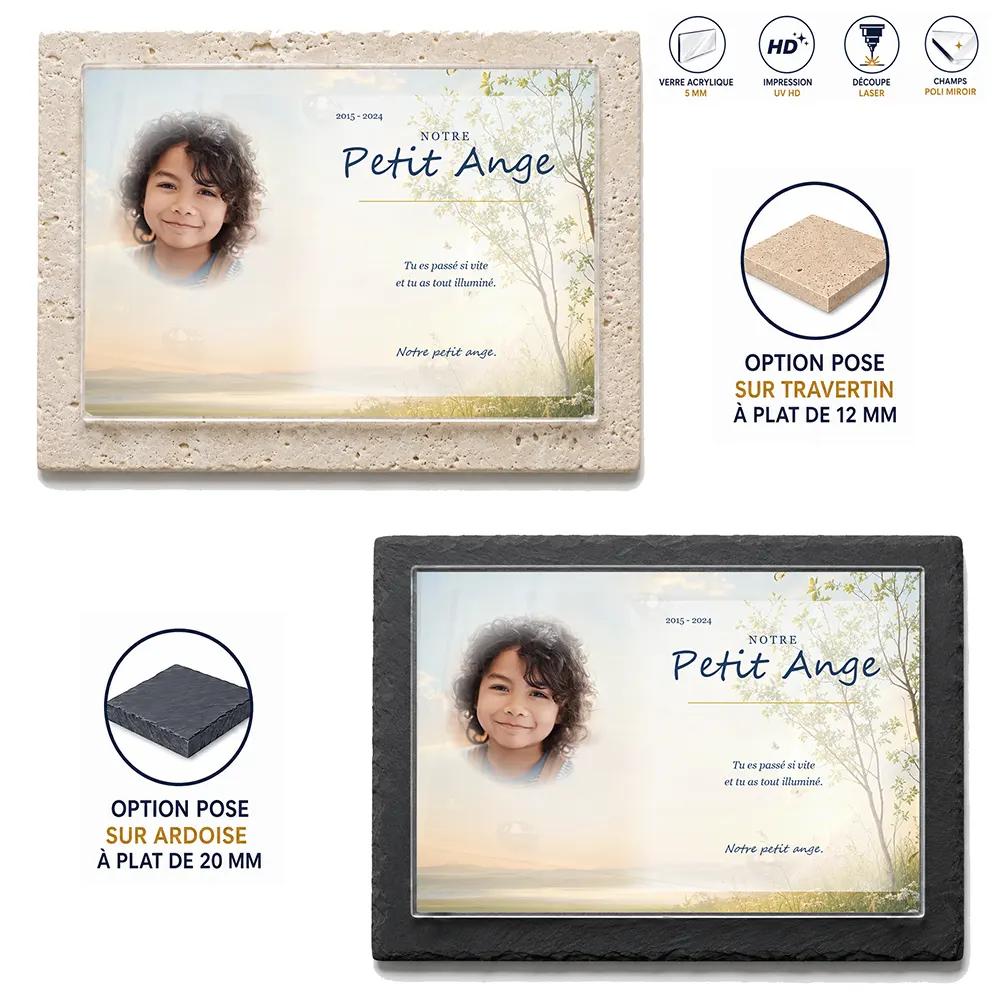 Plaque funéraire panoramique Enfant — supports au choix, socle ardoise ou travertin