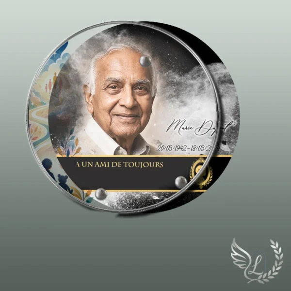 Plaque funéraire médaillon rond enfant collée sur pierre tombale, double-face professionnel inclus, 1er sous-décor du thème