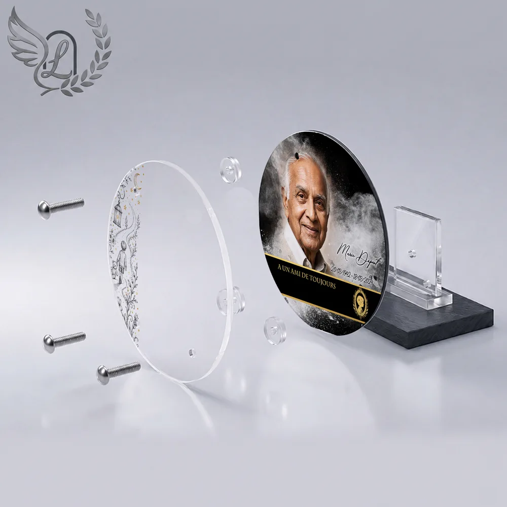 Vue éclatée plaque funéraire Circulaire Enfant : construction sandwich plexi imprimé miroir, 3 entretoises, dibond et bloc ardoise