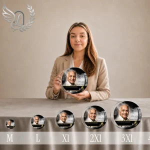 Gamme de plaques funéraires circulaires en plexiglas finition or, du format mini au très grand, présentant portrait d'homme et inscription en dégradé monochrome, médaillons personnalisés