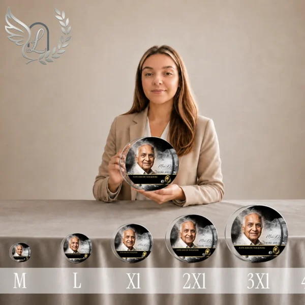 Gamme de plaques funéraires circulaires en plexiglas finition or, du format mini au très grand, présentant portrait d'homme et inscription en dégradé monochrome, médaillons personnalisés