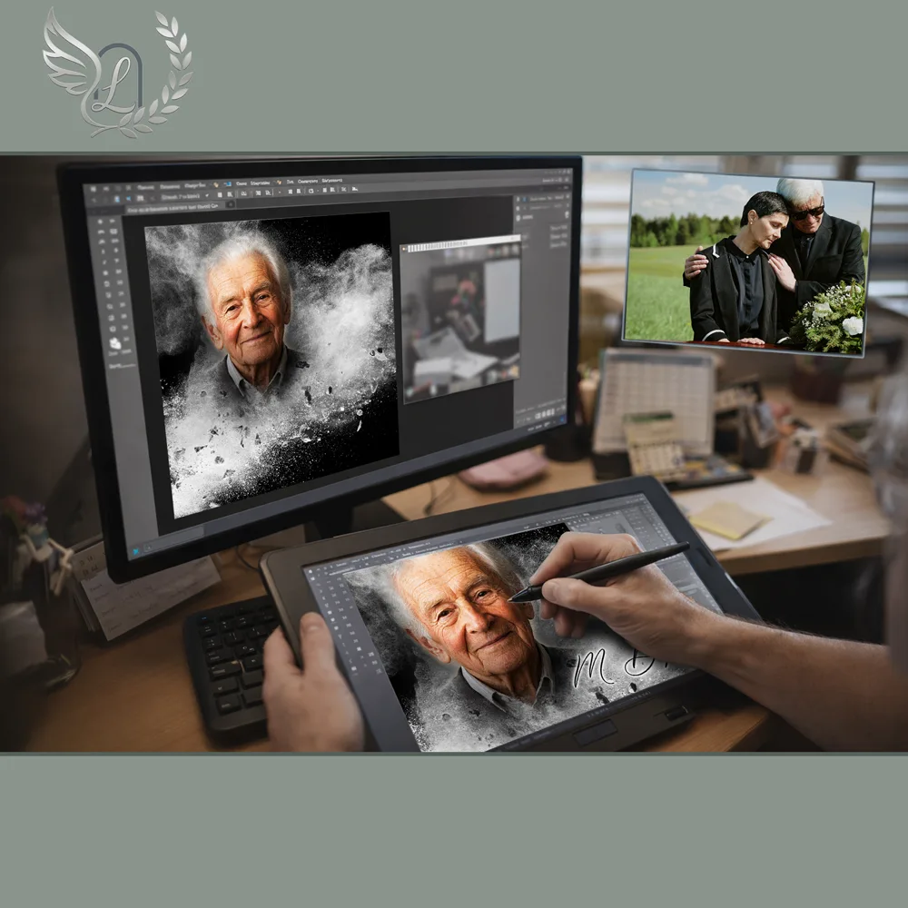 Création artistique plaque funéraire Couple sur tablette graphique en studio