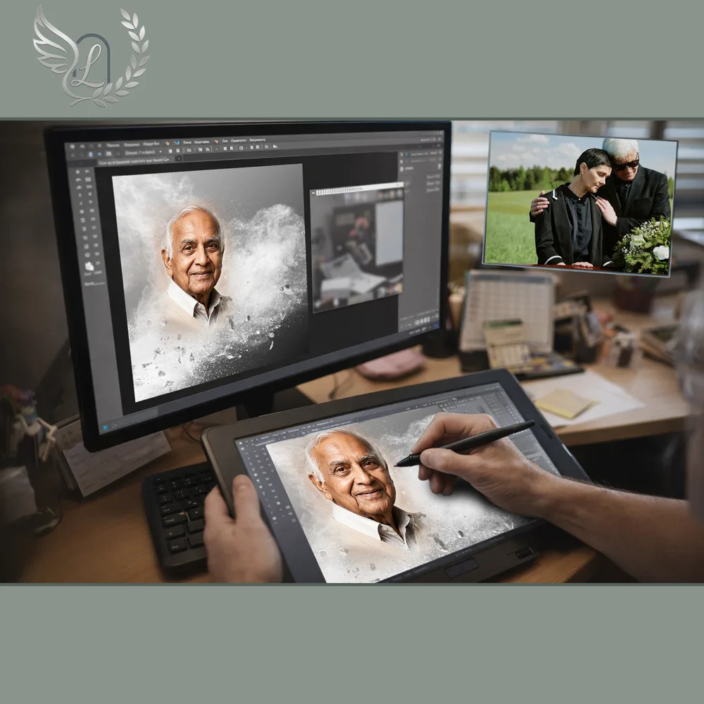 Création artistique plaque funéraire Couple sur tablette graphique en studio