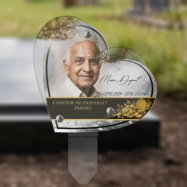 Plaque funéraire cœur couple plantée par appendice plexiglas, sol meuble ou pot, 1er sous-décor