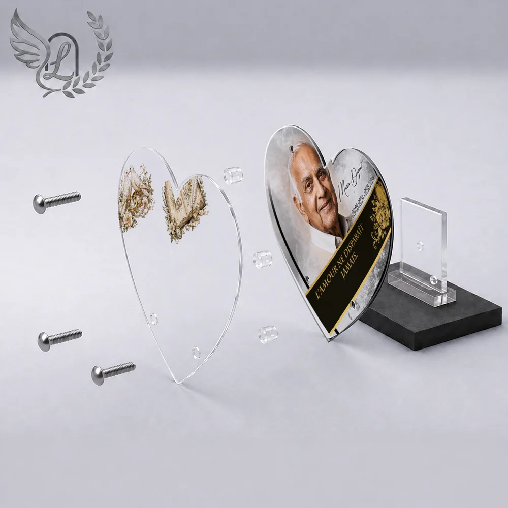 Vue éclatée plaque funéraire Cœur Couple : construction sandwich plexi imprimé miroir, 3 entretoises, dibond et bloc ardoise