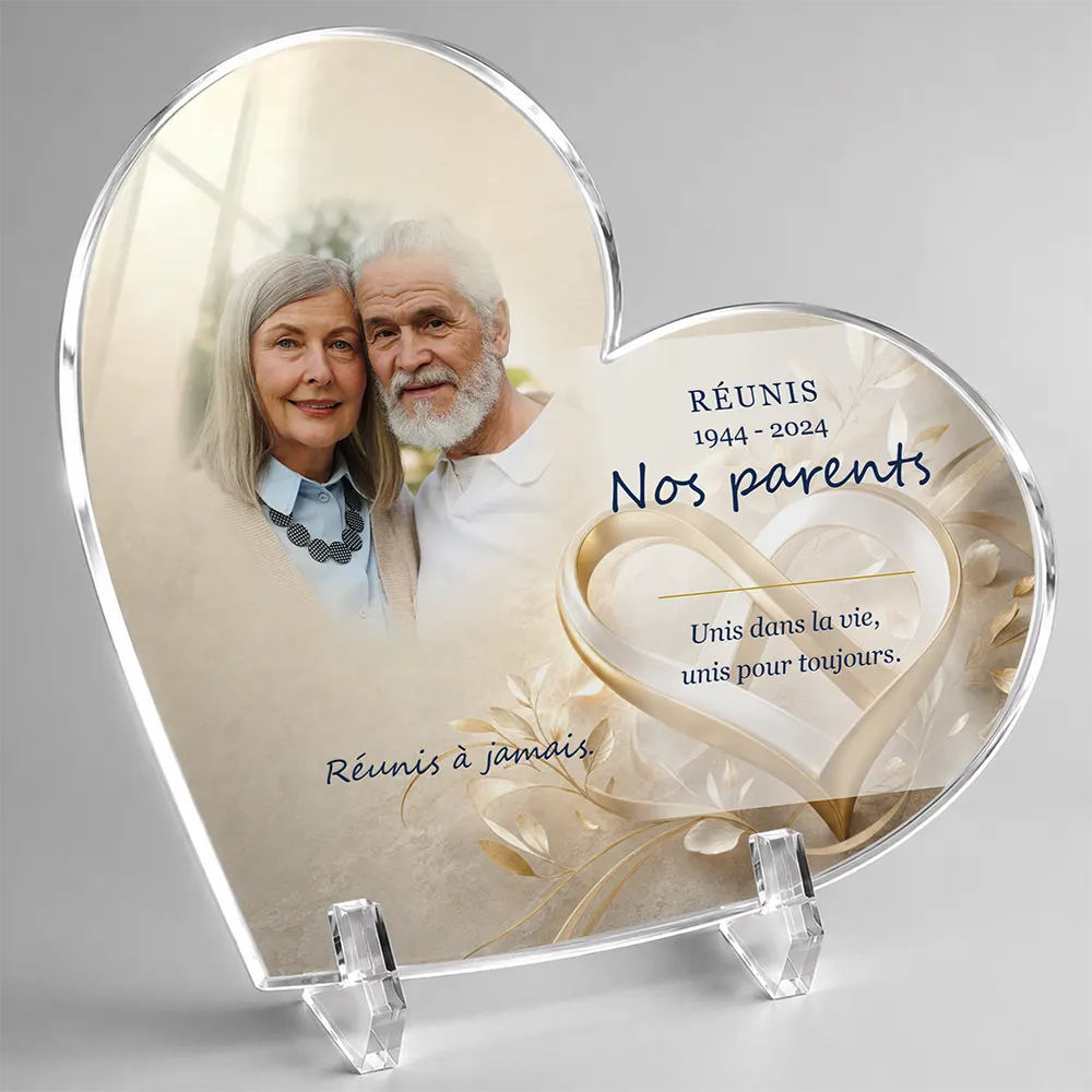 Plaque funéraire cœur Couple personnalisée — portrait, texte libre et fond au choix, présentée sur pied plexi