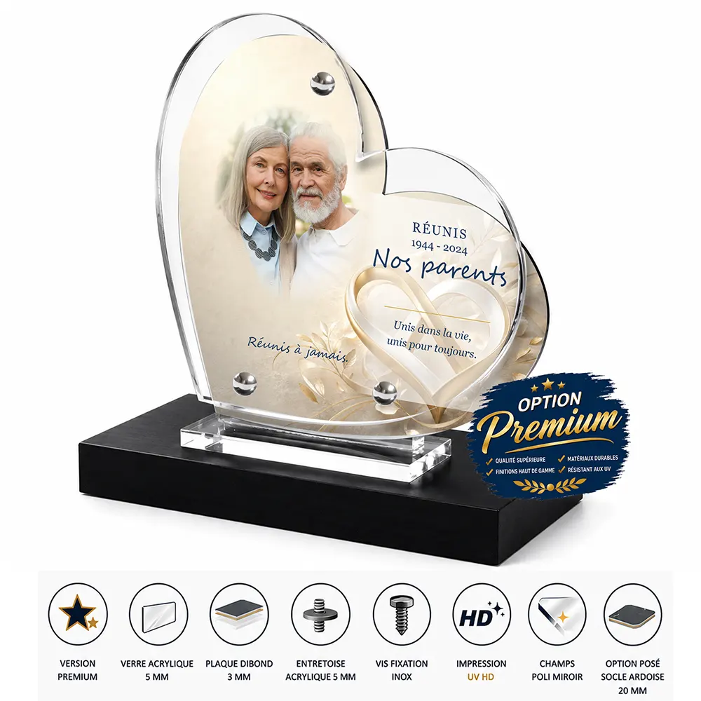 Plaque funéraire cœur Couple finition premium présentée sur socle en ardoise