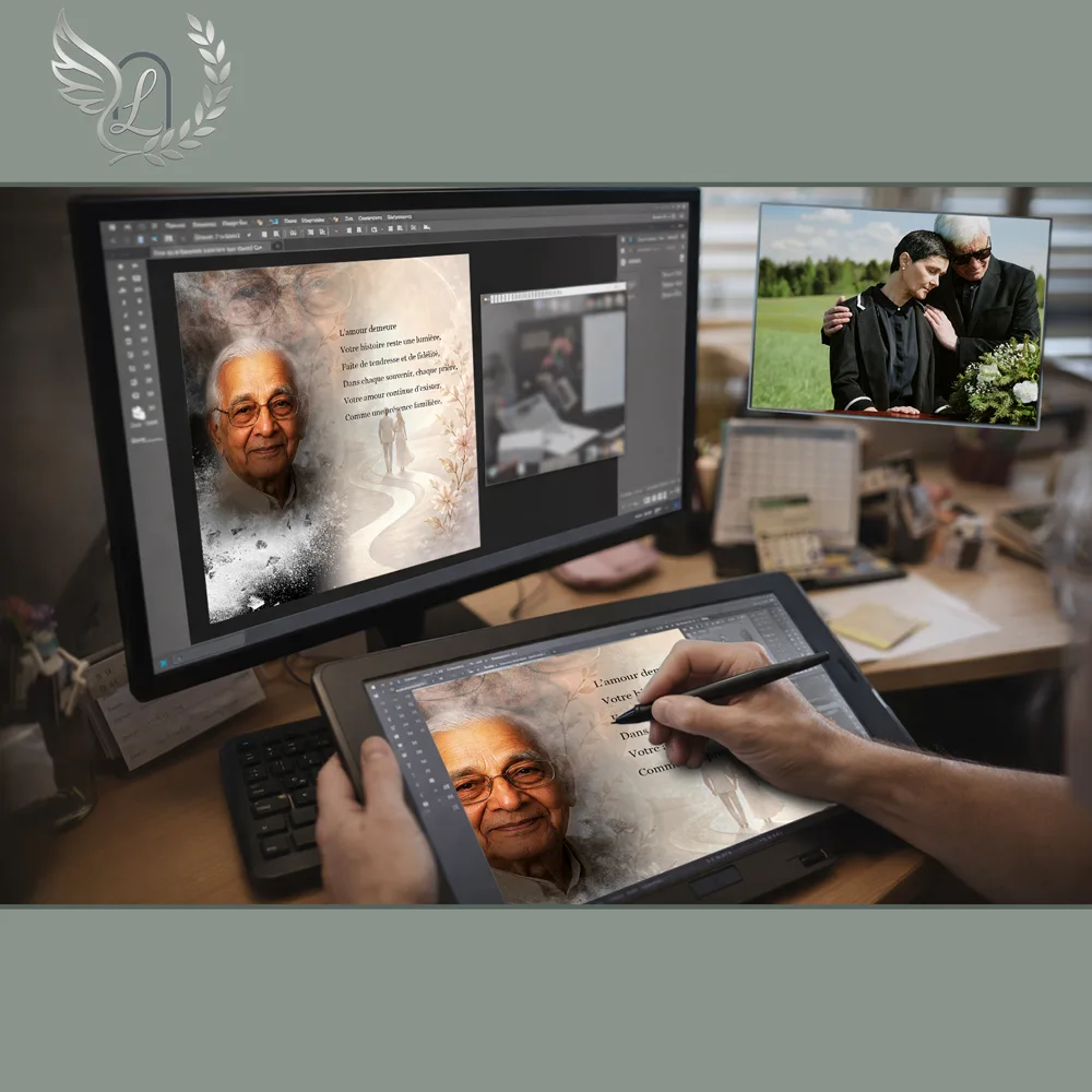 Création artistique plaque funéraire Couple sur tablette graphique en studio