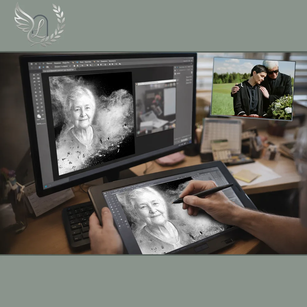 Création artistique plaque funéraire Grands-parents sur tablette graphique en studio