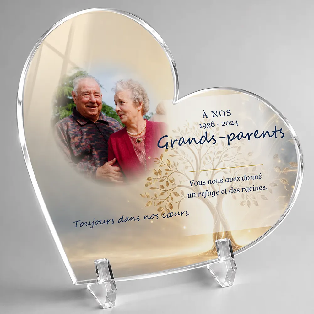 Plaque funéraire cœur Grands-parents personnalisée — portrait, texte libre et fond au choix, présentée sur pied plexi