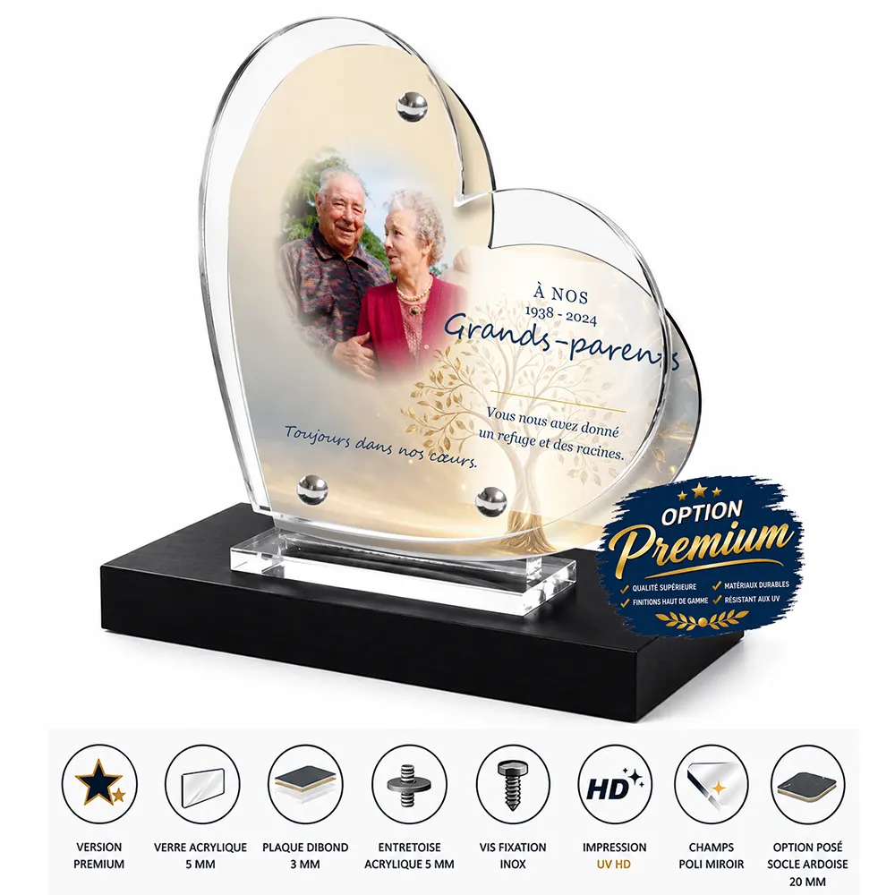 Plaque funéraire cœur Grands-parents finition premium présentée sur socle en ardoise