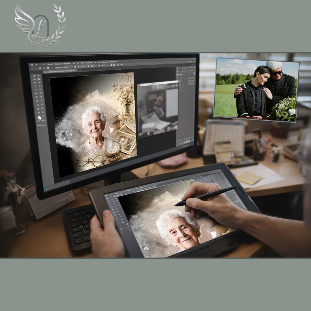 Création artistique plaque funéraire Grands-parents sur tablette graphique en studio